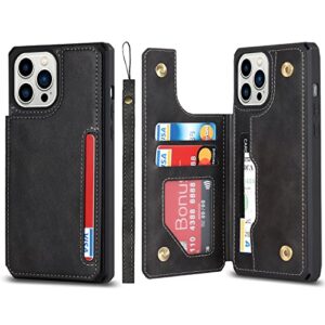 cavor for iphone 13 pro max case with card holder,iphone 13 pro max wallet case for women men,phone case iphone 13 pro max case with stand and strap,leather shockproof protective cover- black