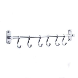 kitchen rail with 6 sliding hooks, wall mount kitchen utensil rack, pan and pot hangers organization and storage holder set, aluminum (silver)