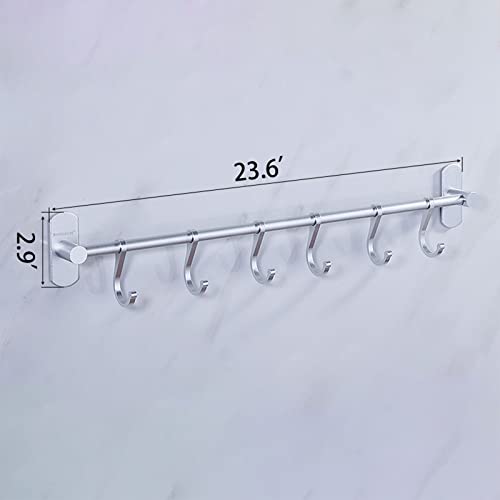 Kitchen Rail with 6 Sliding Hooks, Wall Mount Kitchen Utensil Rack, Pan and Pot Hangers Organization and Storage Holder Set, Aluminum (Silver)