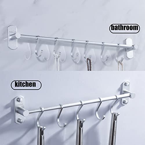 Kitchen Rail with 6 Sliding Hooks, Wall Mount Kitchen Utensil Rack, Pan and Pot Hangers Organization and Storage Holder Set, Aluminum (Silver)