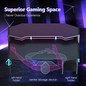 MOTPK Gaming Desk with Storage Shelf 47 inch, Computer Desk with Monitor Shelf, Gaming Table with Carbon Fiber Surface, Gamer Desk with Cup Holder & Headphone Hook, Gift for Boys Men, Black