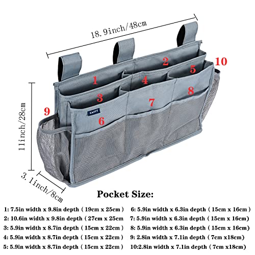 Zafit Bedside Caddy, 10 Pockets Hanging Bed Organizer for Hospital Beds, College Dorm Rooms or Baby Bed (Grey)