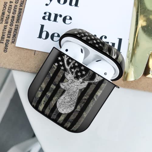 Deer Camo Camouflage American Flag Hunting AirPods Case Cover for Airpods 1&2, Wireless/Wired Charging Protective AirPods Case with Keychain Black