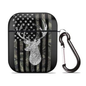 deer camo camouflage american flag hunting airpods case cover for airpods 1&2, wireless/wired charging protective airpods case with keychain black
