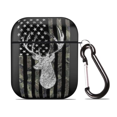 Deer Camo Camouflage American Flag Hunting AirPods Case Cover for Airpods 1&2, Wireless/Wired Charging Protective AirPods Case with Keychain Black