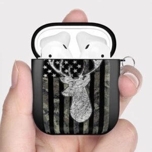 Deer Camo Camouflage American Flag Hunting AirPods Case Cover for Airpods 1&2, Wireless/Wired Charging Protective AirPods Case with Keychain Black