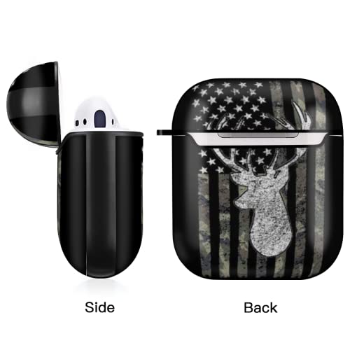 Deer Camo Camouflage American Flag Hunting AirPods Case Cover for Airpods 1&2, Wireless/Wired Charging Protective AirPods Case with Keychain Black