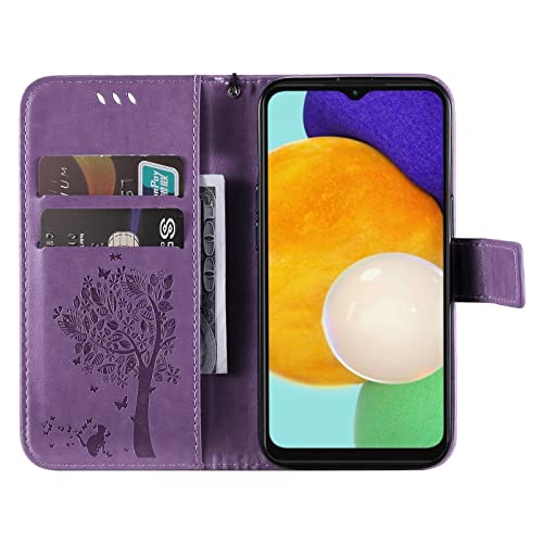 Samsung Galaxy A13 5G Wallet Case - Love Tree Cat Embossed PU Leather Flip Cover with Card Slots & Kickstand - Light Purple