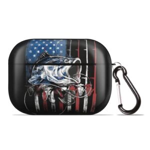fishing american flag usa bass fish for airpods case cover for airpods pro, wireless/wired charging protective airpods pro case with keychain, black