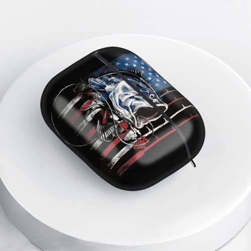 Fishing American Flag USA Bass Fish for AirPods Case Cover for AirPods Pro, Wireless/Wired Charging Protective AirPods Pro Case with Keychain, Black