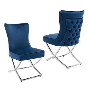 foredo modern stainless steel legs velvet dining chairs set of 2, royal comfortable upholstered dining chairs with button tufted back solid piping around dining room chairs, dark blue