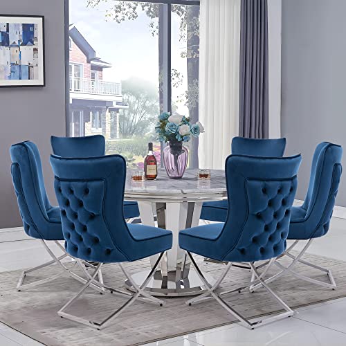 FOREDO Modern Stainless Steel Legs Velvet Dining Chairs Set of 2, Royal Comfortable Upholstered Dining Chairs with Button Tufted Back Solid Piping Around Dining Room Chairs, Dark Blue