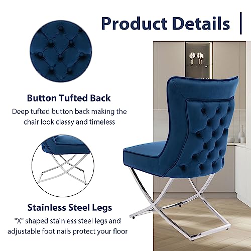 FOREDO Modern Stainless Steel Legs Velvet Dining Chairs Set of 2, Royal Comfortable Upholstered Dining Chairs with Button Tufted Back Solid Piping Around Dining Room Chairs, Dark Blue