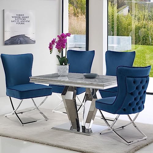 FOREDO Modern Stainless Steel Legs Velvet Dining Chairs Set of 2, Royal Comfortable Upholstered Dining Chairs with Button Tufted Back Solid Piping Around Dining Room Chairs, Dark Blue
