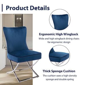 FOREDO Modern Stainless Steel Legs Velvet Dining Chairs Set of 2, Royal Comfortable Upholstered Dining Chairs with Button Tufted Back Solid Piping Around Dining Room Chairs, Dark Blue