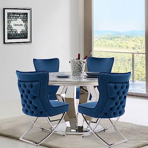 FOREDO Modern Stainless Steel Legs Velvet Dining Chairs Set of 2, Royal Comfortable Upholstered Dining Chairs with Button Tufted Back Solid Piping Around Dining Room Chairs, Dark Blue