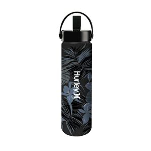 hurley insulated water bottle - 20 oz stainless steel water bottle, travel water bottle for sports & outdoor activities - insulated bottle for cold & hot drinks, flip open straw lid, aloha black