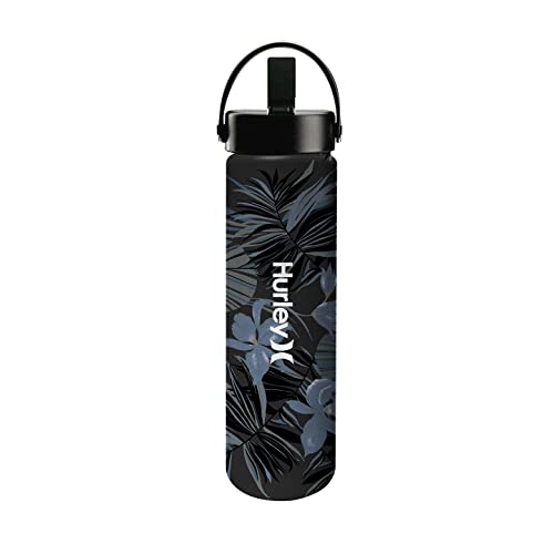 Hurley Insulated Water Bottle - 20 Oz Stainless Steel Water Bottle, Travel Water Bottle for Sports & Outdoor Activities - Insulated Bottle for Cold & Hot Drinks, Flip Open Straw Lid, Aloha Black