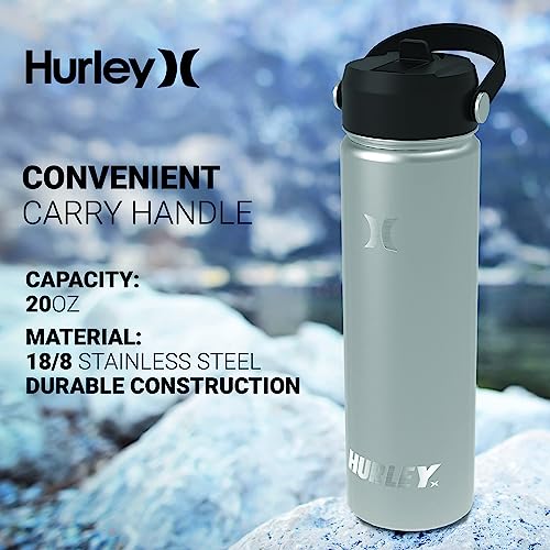 Hurley Insulated Water Bottle - 20 Oz Stainless Steel Water Bottle, Travel Water Bottle for Sports & Outdoor Activities - Insulated Bottle for Cold & Hot Drinks, Flip Open Straw Lid, Aloha Black