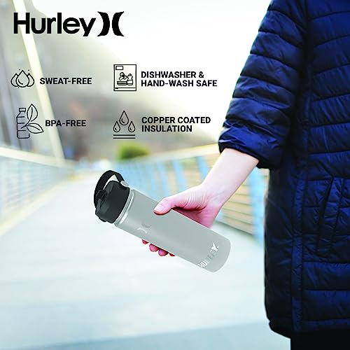 Hurley Insulated Water Bottle - 20 Oz Stainless Steel Water Bottle, Travel Water Bottle for Sports & Outdoor Activities - Insulated Bottle for Cold & Hot Drinks, Flip Open Straw Lid, Aloha Black