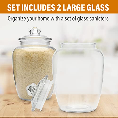 Glass Jars with Airtight Lid - Set of 2 Large Apothecary Jar - 2 pc Glass Jar Set – Canisters Sets for the Kitchen for Cookies, Flour, Sugar, Rice - Holds 75oz 9.5 x 5.5-inch