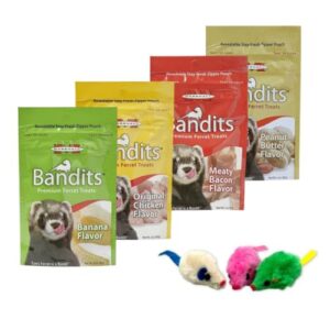marshall bandit ferret treats - includes marshall ferret bandit treats and ferret toy - ferret vitamins - 3oz sealable bags of banana treats, bacon, chicken, peanut butter and raisin flavor