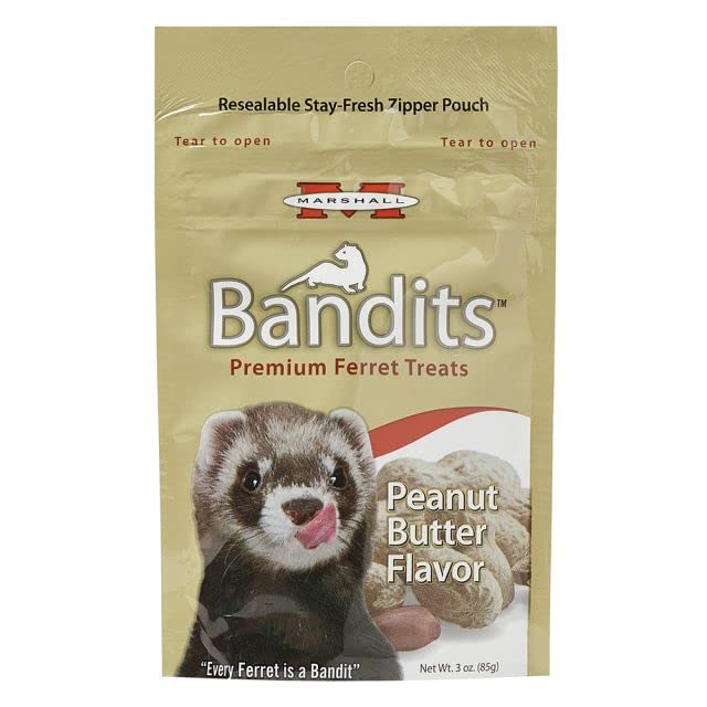 Marshall Bandit Ferret Treats - Includes Marshall Ferret Bandit Treats and Ferret Toy - Ferret Vitamins - 3oz Sealable Bags of Banana Treats, Bacon, Chicken, Peanut Butter and Raisin Flavor