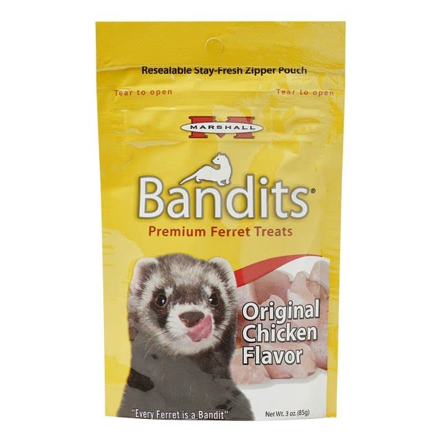 Marshall Bandit Ferret Treats - Includes Marshall Ferret Bandit Treats and Ferret Toy - Ferret Vitamins - 3oz Sealable Bags of Banana Treats, Bacon, Chicken, Peanut Butter and Raisin Flavor