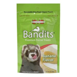 Marshall Bandit Ferret Treats - Includes Marshall Ferret Bandit Treats and Ferret Toy - Ferret Vitamins - 3oz Sealable Bags of Banana Treats, Bacon, Chicken, Peanut Butter and Raisin Flavor