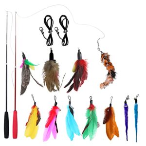 petstie cat feather teaser toy, 2pcs retractable cat wands,11pcs teaser refills with bells and extra 2pcs elastic strings, cat wand toys for indoor cats