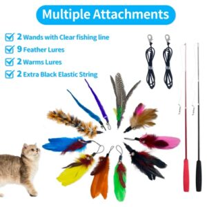 Petstie Cat Feather Teaser Toy, 2PCS Retractable Cat Wands,11PCS Teaser Refills with Bells and Extra 2PCS Elastic Strings, Cat Wand Toys for Indoor Cats