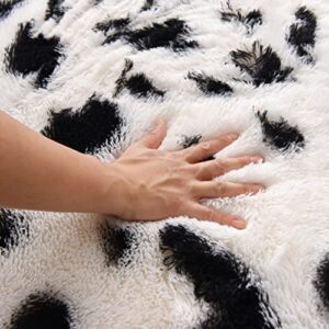 Meeting Story Cow Print Rug Faux Cowhide Rugs Cute Animal Print Carpet Fluffy Shaggy Tie Dye Fuzzy Area Rugs for Living Room Nursery Kids Floor Mat Thick Plush Non-Skid (White-Black, 3'x5')