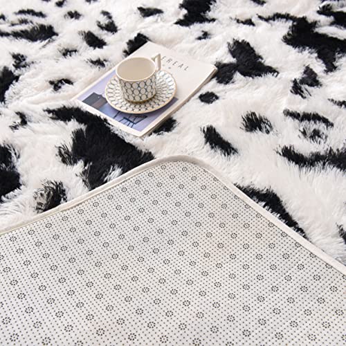 Meeting Story Cow Print Rug Faux Cowhide Rugs Cute Animal Print Carpet Fluffy Shaggy Tie Dye Fuzzy Area Rugs for Living Room Nursery Kids Floor Mat Thick Plush Non-Skid (White-Black, 3'x5')