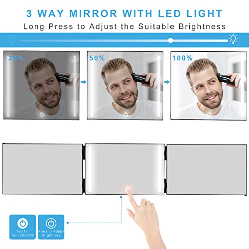 Feisate Barber Mirror Self Cut with LED Lights, 3 Way Mirror for Hair Cutting, 360 Mirror for Haircuts for Men&Women, Self Haircut Mirror to See Back of Head, Three Way Hair Mirror