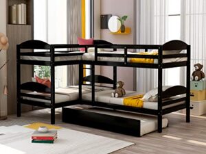 harper & bright designs quad bunk bed with trundle, l shaped bunk bed for 4 kids, wooden twin bunk bed frame for kids teens adults - espresso