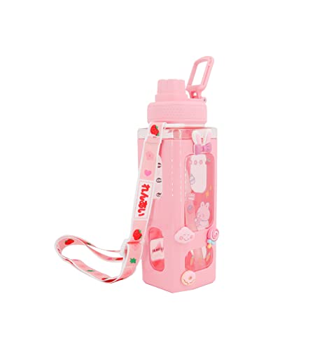 NEWSTYP Kawaii Bear Pastel Water Bottle With 3D Sticker 700ml Plastic Travel Tea Juice Milk Portable Cute Shaker Drink Bottle Gift (Pink)