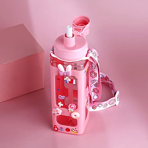 NEWSTYP Kawaii Bear Pastel Water Bottle With 3D Sticker 700ml Plastic Travel Tea Juice Milk Portable Cute Shaker Drink Bottle Gift (Pink)