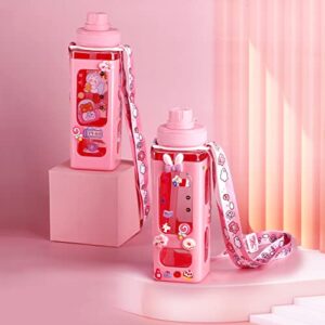 NEWSTYP Kawaii Bear Pastel Water Bottle With 3D Sticker 700ml Plastic Travel Tea Juice Milk Portable Cute Shaker Drink Bottle Gift (Pink)