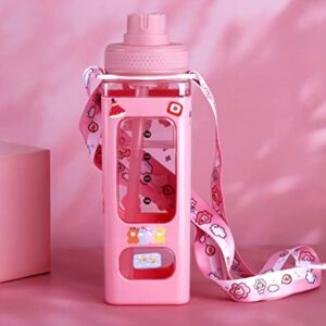 NEWSTYP Kawaii Bear Pastel Water Bottle With 3D Sticker 700ml Plastic Travel Tea Juice Milk Portable Cute Shaker Drink Bottle Gift (Pink)