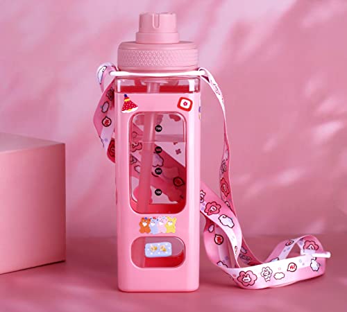 NEWSTYP Kawaii Bear Pastel Water Bottle With 3D Sticker 700ml Plastic Travel Tea Juice Milk Portable Cute Shaker Drink Bottle Gift (Pink)