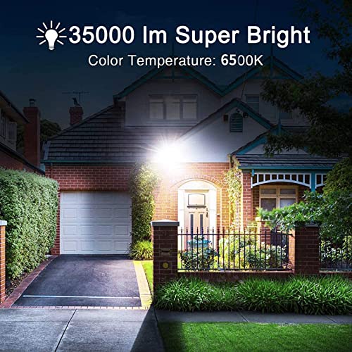 Solar Street Lights 300W Dusk to Dawn Solar Flood Light 35000 Lumens Security Light 6500K Remote Garage Light IP68 Waterproof Commerical Grade Light Sensor for Court,Yard,Garden,Driveway,Parking Lot