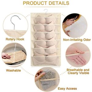 YUNZSXJY Bra organizers hanging bra storage bra hanger Double Sided with Pockets,Space Saving closet organzier for Bra underwear Clothes Socks wardrobe (Beige, 2PCS 6+6 Pockets)