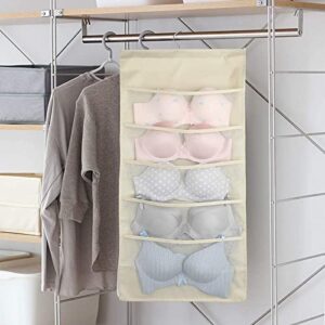 YUNZSXJY Bra organizers hanging bra storage bra hanger Double Sided with Pockets,Space Saving closet organzier for Bra underwear Clothes Socks wardrobe (Beige, 2PCS 6+6 Pockets)