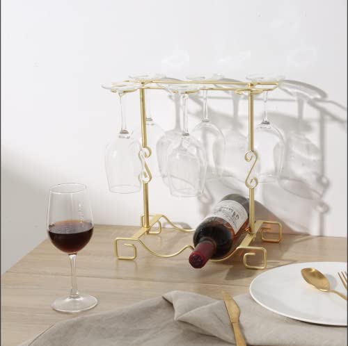 Homya Wine Glass Holder, Freestanding Table Top Goblets Metal Storage Rack for 2 Bottles with 6 Hooks Kitchen Glass Accessories, Gold