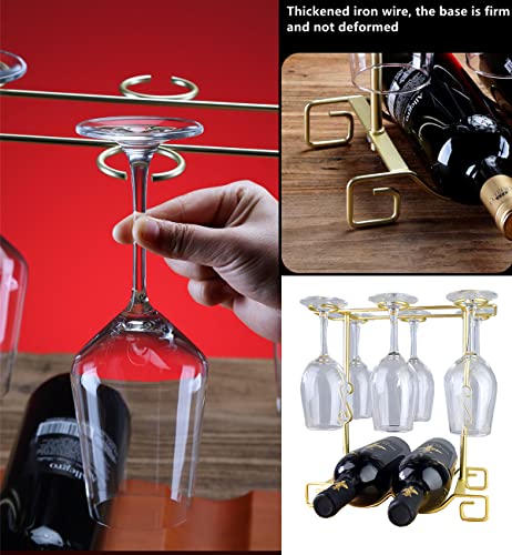 Homya Wine Glass Holder, Freestanding Table Top Goblets Metal Storage Rack for 2 Bottles with 6 Hooks Kitchen Glass Accessories, Gold