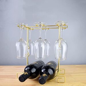 Homya Wine Glass Holder, Freestanding Table Top Goblets Metal Storage Rack for 2 Bottles with 6 Hooks Kitchen Glass Accessories, Gold