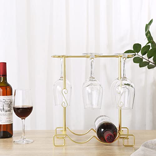 Homya Wine Glass Holder, Freestanding Table Top Goblets Metal Storage Rack for 2 Bottles with 6 Hooks Kitchen Glass Accessories, Gold