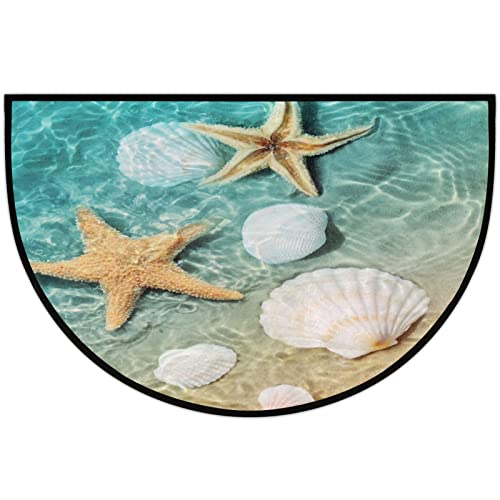 Summer Beach Half Round Door Mat, Starfish Shell Floor Mat Non-Slip Half Circle Area Rug Durable Washable Runner Mat for Living Room Bedroom Indoor Outdoor Entry for High Traffic Areas