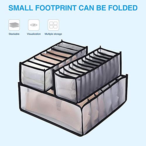 3Pcs Wardrobe Clothes Drawer Organizer Compartment Storage Box Washable Closet Drawer Organizers Grids Foldable Visible Closet Organizer Mesh Separation Box for Jeans, T-Shirt, Leggings, Skirts, etc