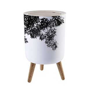 shl96pzgx small trash can with lid black leafs in summer on blue sky with burst light with wood legs wastebasket simple human round garbage bin for kitchen, bathroom, 1.8 gallon - 7l